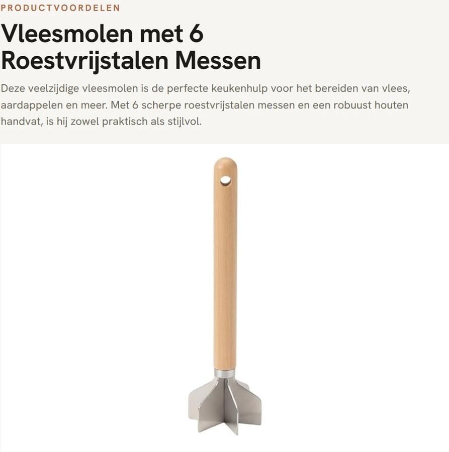 Dailygoods- Vleesmolen 6-blad roestvrij staal Gehaktverdeler Aardappelstamper Houten handvat 28 cm lang Ergonomisch ontwerp Vleesvermaler