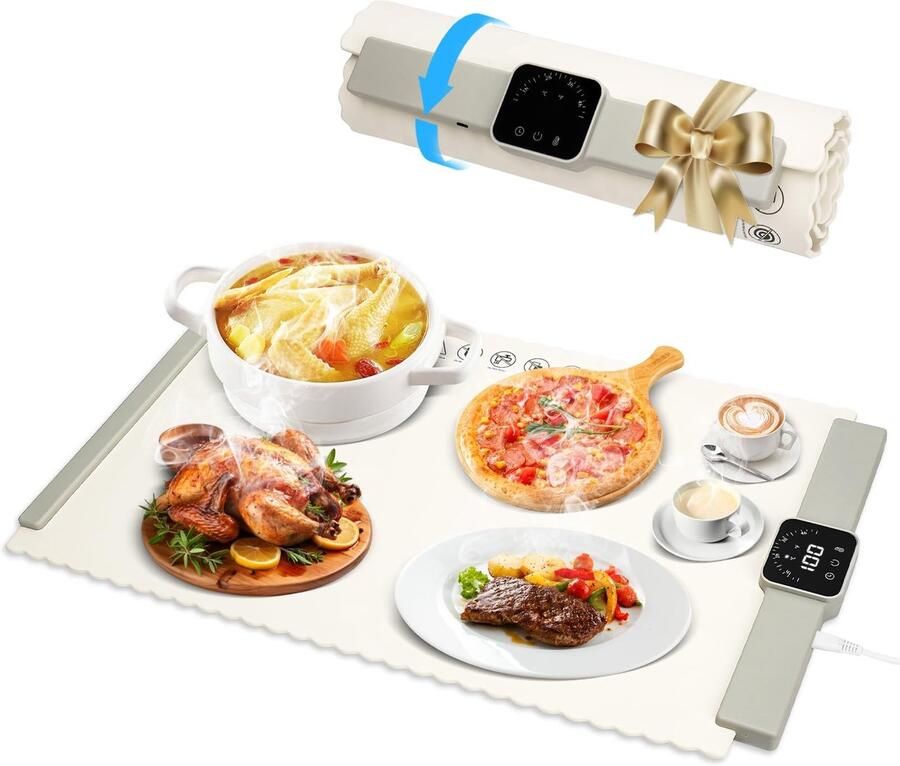 Dailygoods- Warmteplaat Draagbaar Elektrische Warmteplaat 60-100℃ Opvouwbaar Voedselwarmer Timer & Veiligheidsslot Warm Houden Onthooien