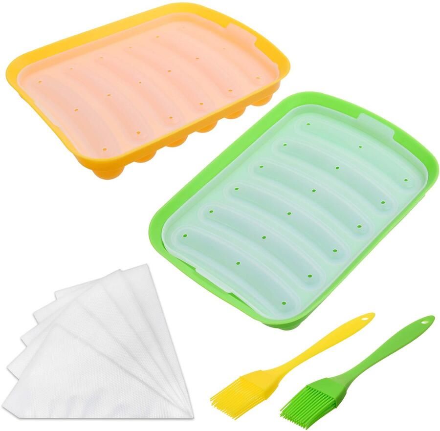 Dailygoods- Worstvormpjes Antiklevend 2x Siliconen Mal 6-Holte Hotdog Maker Inclusief 2x Mini Borstels 20x Spuitzakjes Flexibele DIY Worsten Worstmaker