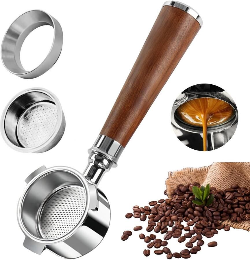 Dailygoods- Zeefdrager 51mm Vloerloos Portafilter 3-Oors Espresso Accessoires Roestvrij Staal Walnoothouten Handvat Bodemloos Ontwerp