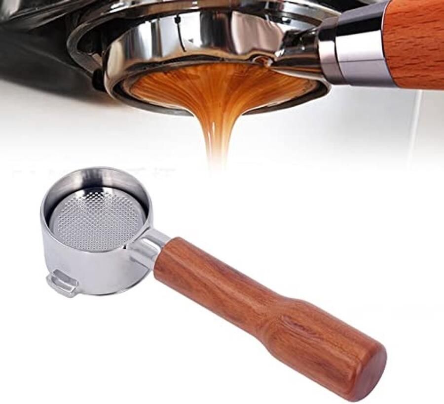 ONF3 51mm Filterhouder Bodemloze Portafilter Rvs Koffiezetapparaat Onderdelen Rood Hout Geschikt voor DeLonghi EC0310 Inclusief Filt