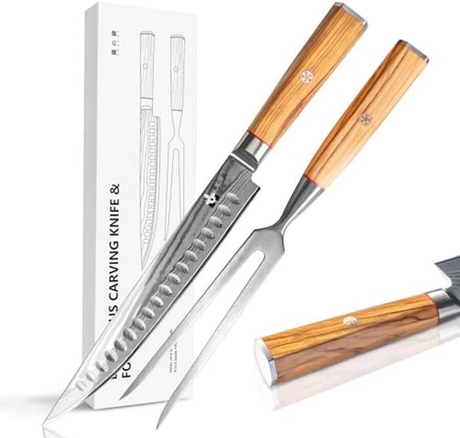Damask Snijset met Vork 2 Delen Kruikmes van 22.5 cm van 67 Laags VG-10 Damast Staal Vork van 28.7 cm Olijfhouten Handvat Cadeaubox