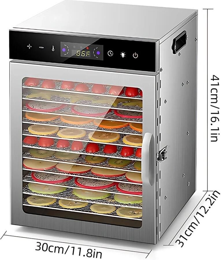 Damenzo Voedseldroger Droogoven Dehydrator 801 tot 1000W 30 tot 90 graden Kijkvenster Touchscreen 12 laags Ingebouwde timer RVS