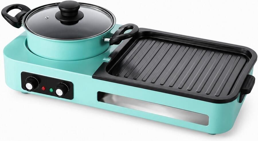 DayeLabel 3-in-1 Elektrische Grillplaat en Hotpot Afneembare Bakpan Gourmet Koreaanse Grill 3-6 Personen Groen