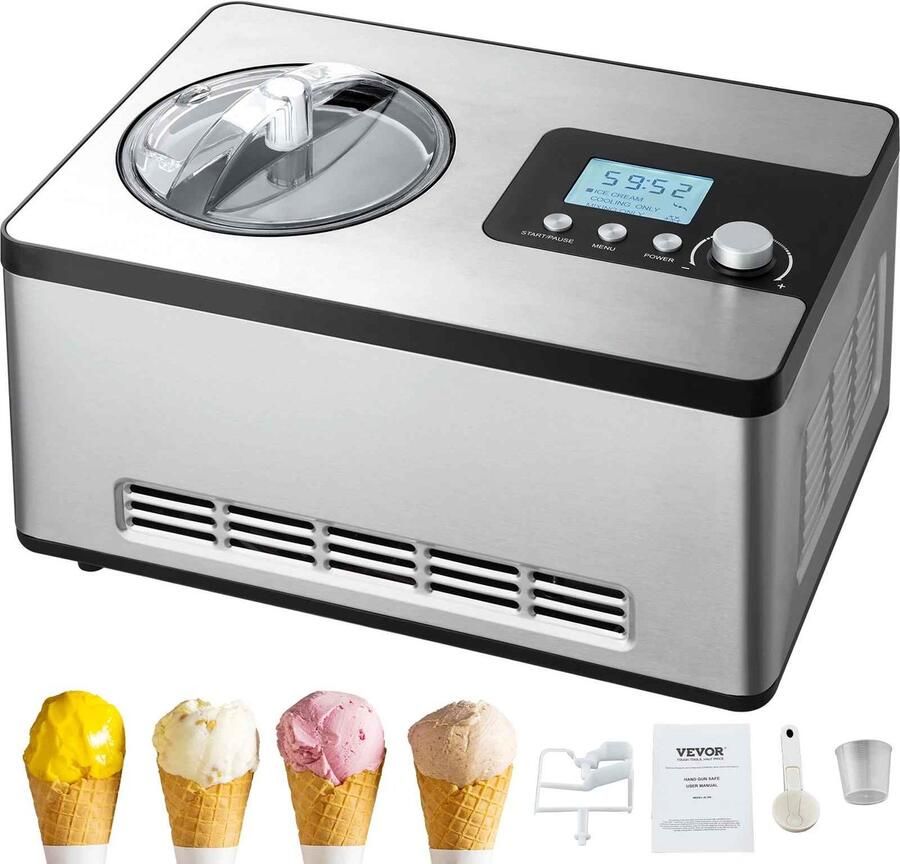De Warenloods Automatische ijsmachine 2 liter – Met ingebouwde compressor Met 3 programma's Voor Roomijs Sorbet en Frozen Yoghurt RVS Inclusief Receptenboek