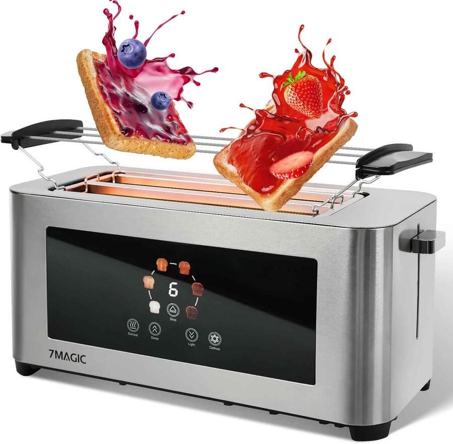 De Warenloods Broodrooster met LCD Scherm Toaster 1400W Extra Breed 6 Standen Lange Sleuf 4 Sneden RVS