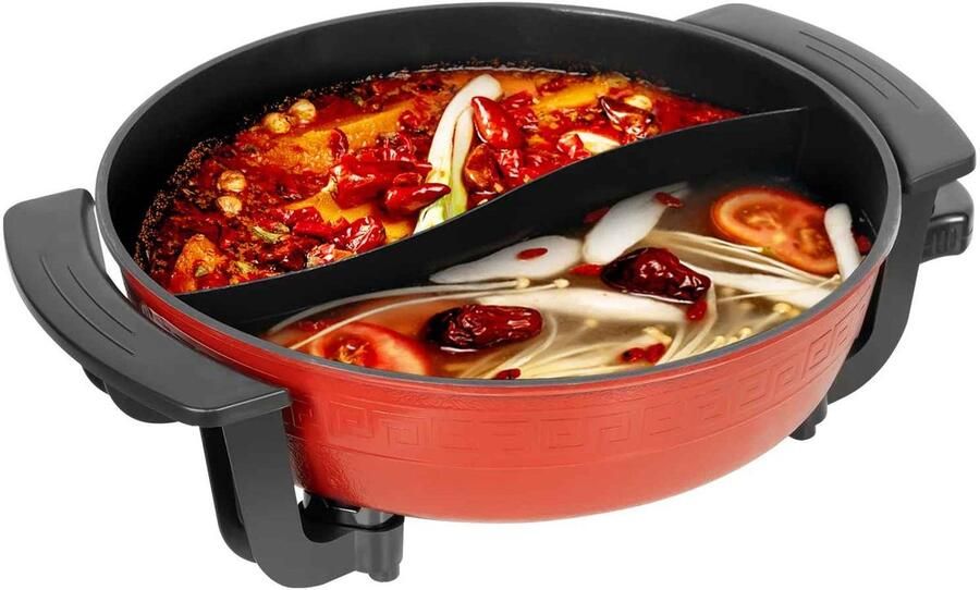 De Warenloods Elektrische Hotpot 6L Chinese Fondue 2 Compartimenten 38 3 x 11 cm Rood Voor Frituren Koken Stomen en Hotpot