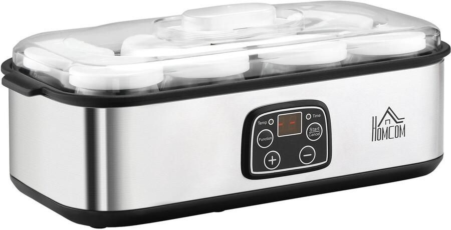 De Warenloods Elektrische Yoghurtmaker Yoghurtmachine met 8 glazen potten 180 ml Yoghurt maker met timer en thermostaat Roestvrijstalen Yoghurtmachine Voor gezonde ontbijtjes en desserts 36x18 8x14cm