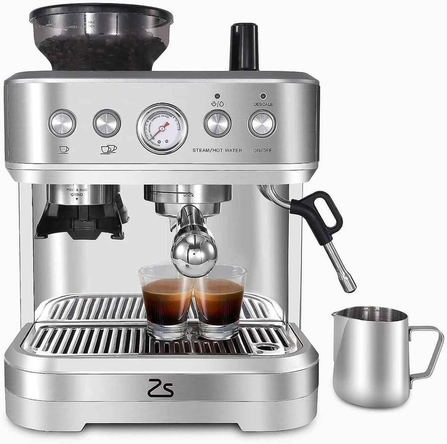 De Warenloods Espressomachine met Bonenmaler Koffiezetapparaat Pistonmachine RVS Koffiemachine met Melkopschuimer Voor Espresso Cappuccino en Latte Warme Kopjes Functie