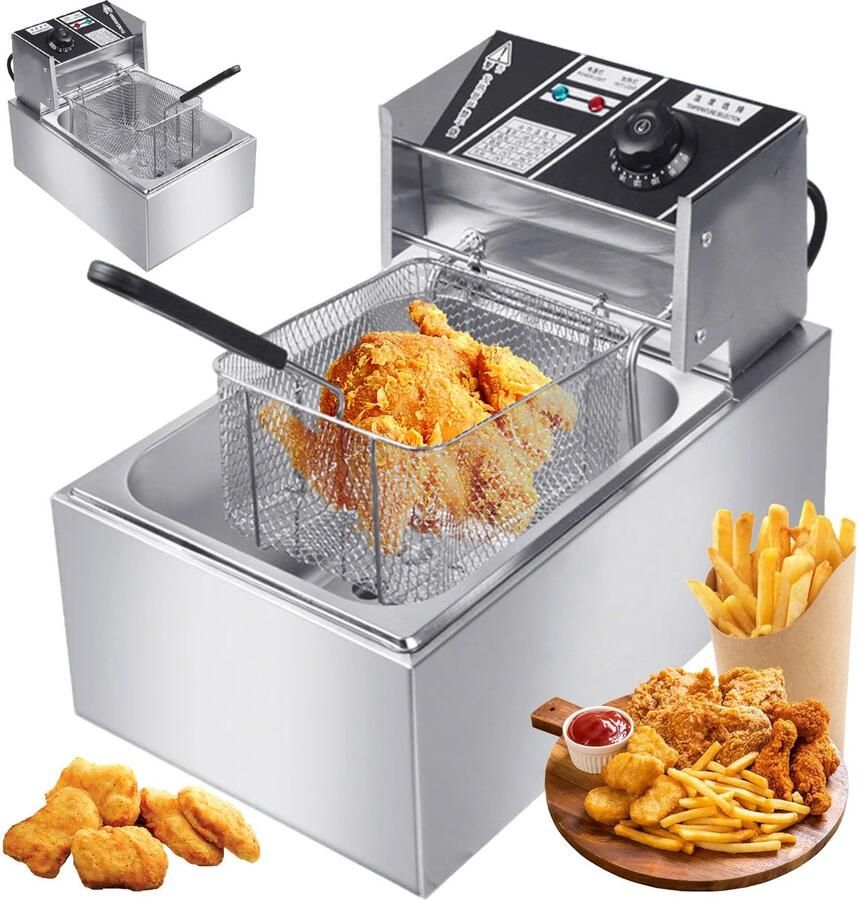 De Warenloods Frituurpan 6 liter Elektrische friteuse van RVS Frituurpan met tijd- en temperatuurregeling