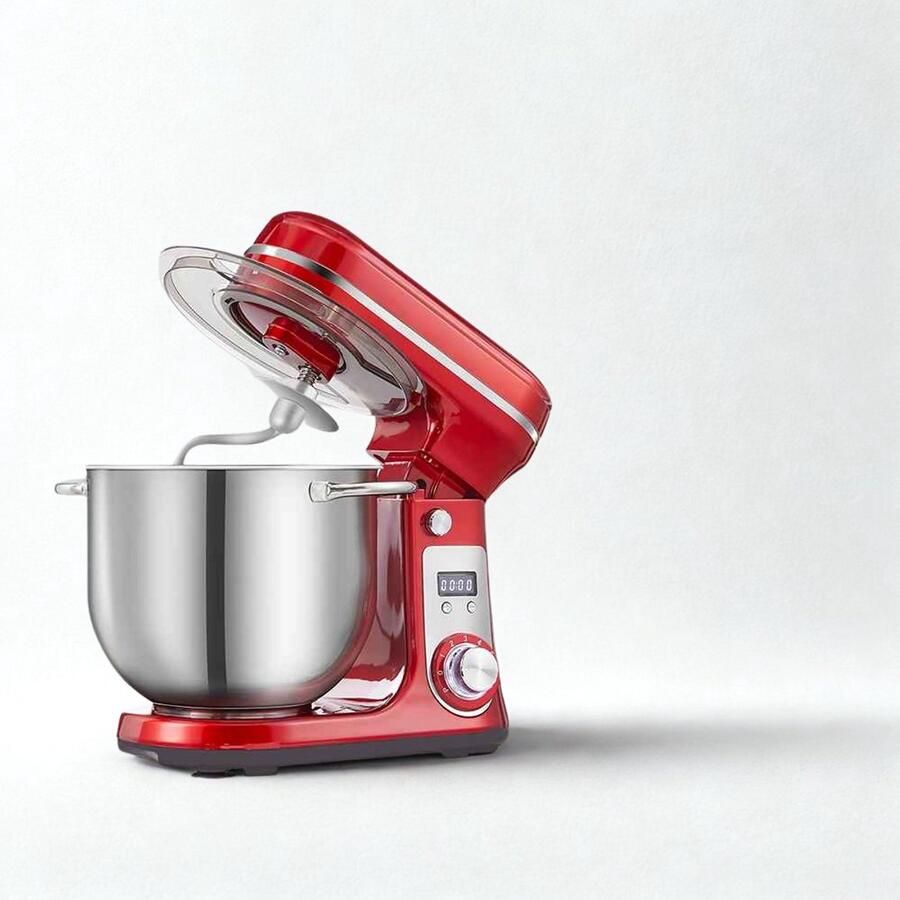 De Warenloods Mixer Keukenmachine Keukenmixer Met Mengkom 1200W RVS Mengkom 6 Liter 6 Standen Mixer met Garde Deeghaak en Menghaak Rood