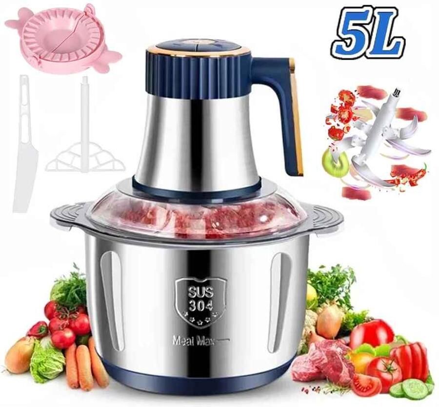 De Warenloods Multifunctionele Keukenmachine Vleesmolen Foodprocessor Hakmolen Groentesnijder 5 liter Roestvrij Staal
