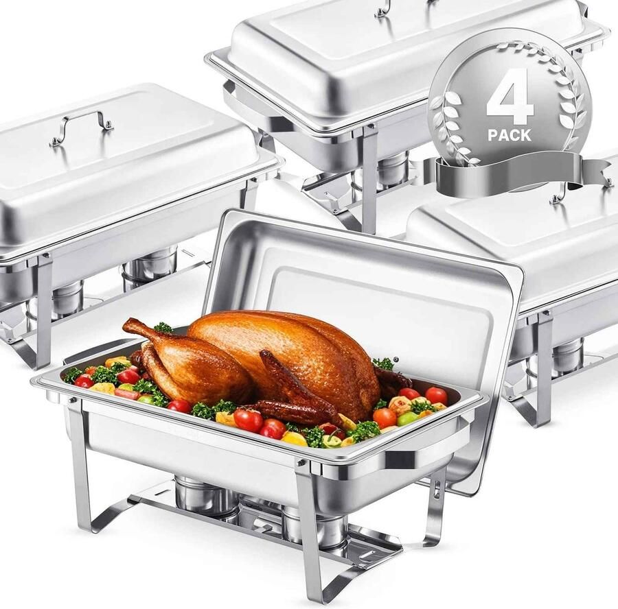 De Warenloods Roestvrijstalen Chafing Dish RVS Buffet set Rechaud Warmhoud plaat 4 stuks Met 2 Volledige Grootte en 4 halve Grootte Bakken
