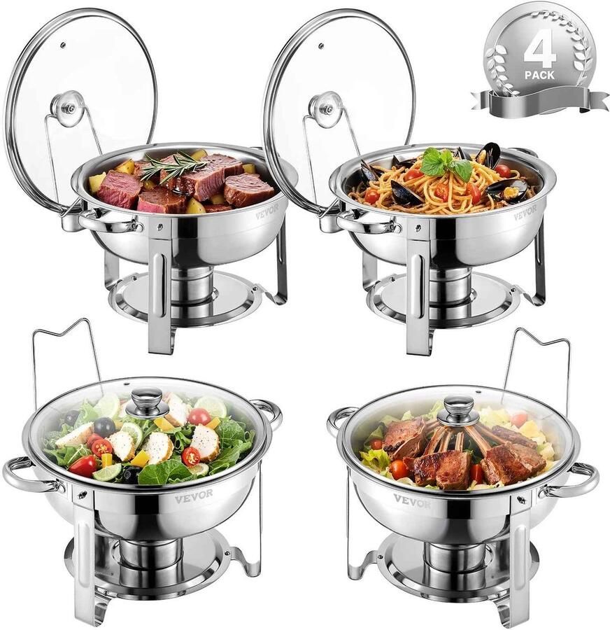 De Warenloods RVS Buffetwarmer Chafing Dish 4 Stuks Rechaud Ronde Warmhoudbakken Warmhouders Met Glazen Deksel