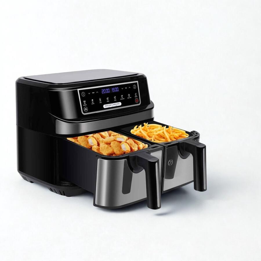De Warenloods XXL Airfryer Heteluchtfriteuse Heteluchtoven 2 lades van 4 5 liter 8 automatische programma's LED-touchscreen Zwart 36x40x32cm