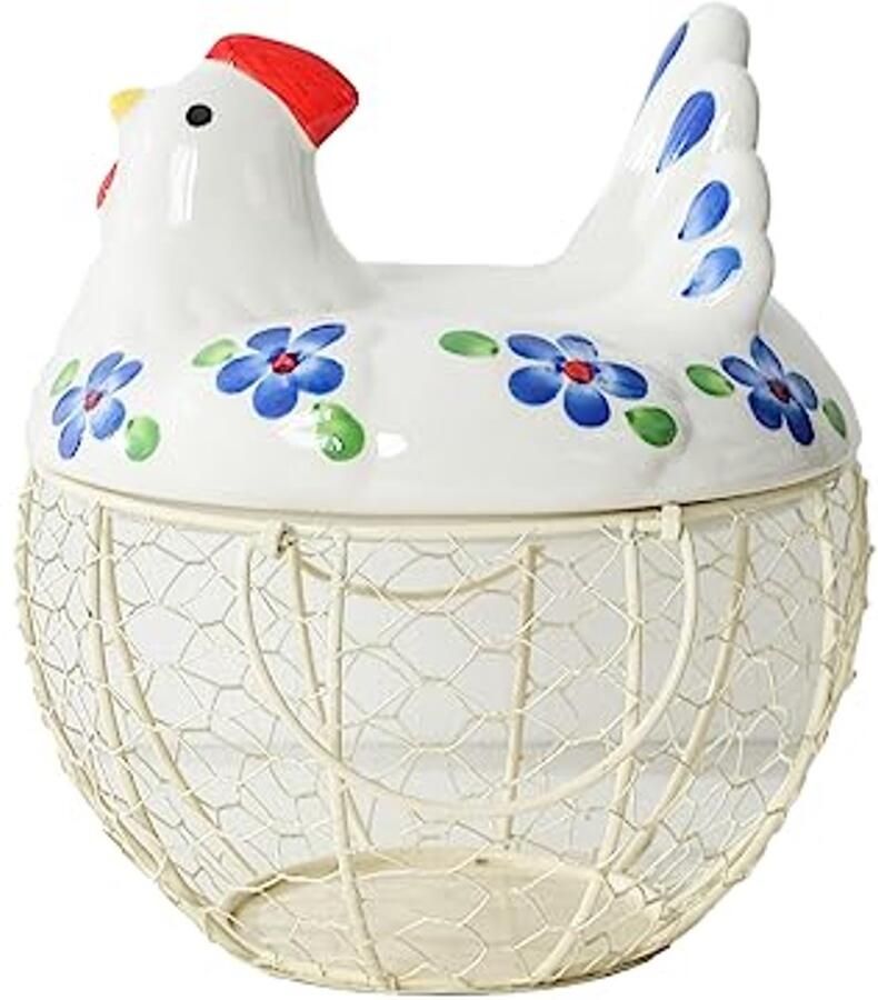 Decoratieve Eiermand voor Toonbank Keramisch Kippendeksel met Draadmand voor 20-25 Eieren