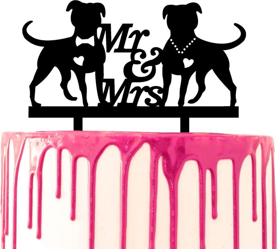 Decoratieve taart topper twee bulldogs met script Mr & Mrs in het midden acryl silhouet