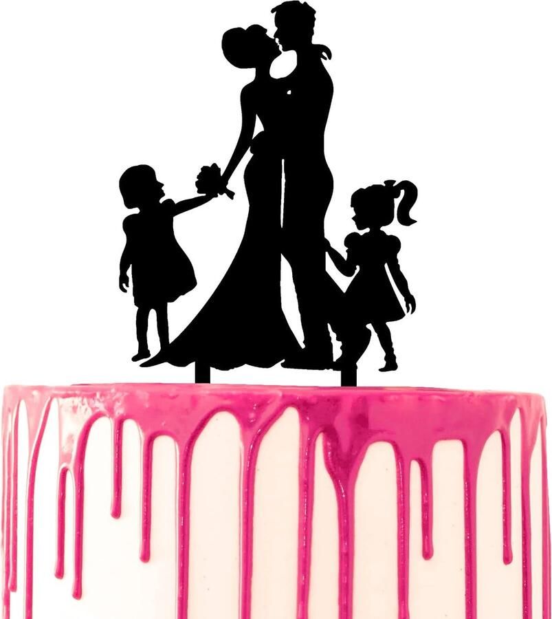 Decoratieve taarttopper paar knuffelt met twee speelse dochters huwelijksjubileum taartdecoratie acryl silhouet