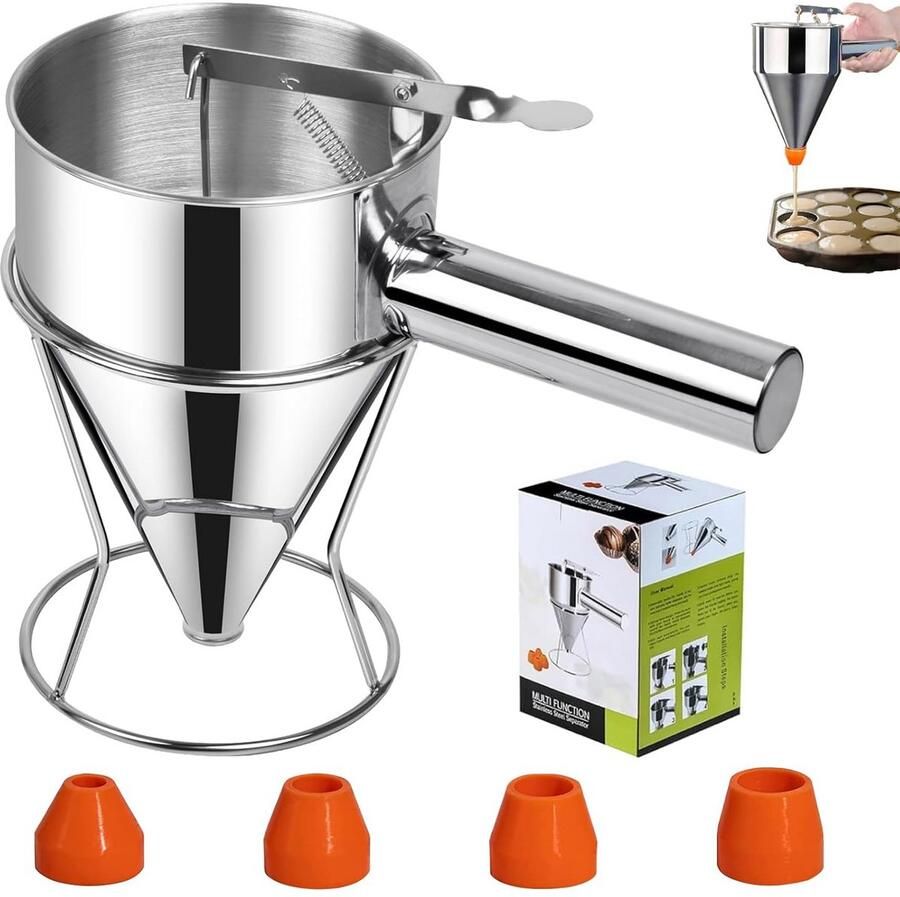 Deegdispenser 1200 ml roestvrijstalen trechter met zuiger en 4 sproeiers voor pannenkoeken en crêpes