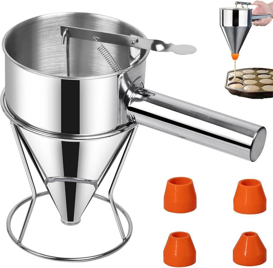 Deegdispenser Roestvrij Staal 600 ml Pannenkoeken Beslag & Fondant Trechter met 4 Nozzles
