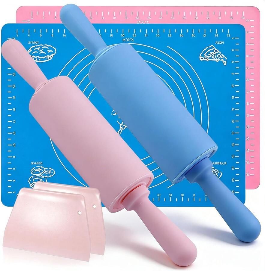 Deegrollenset voor kinderen 6 stuks mini deegrollers met anti-aanbakoppervlak inclusief deegmat en deegkaart voor bakken pizza koekjes en fondant - Foto 1