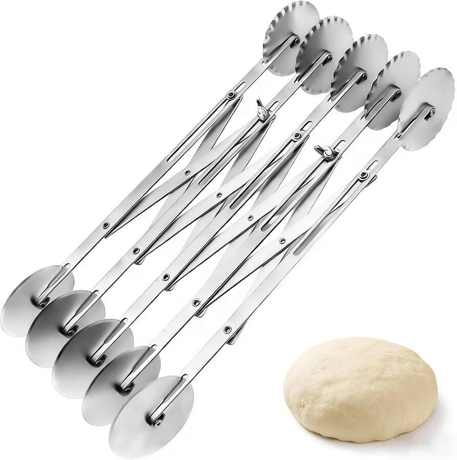 Deegsnijder Roestvrij Staal Pastasnijder Wiel Bakken Gebak Pizza 5 Verstelbare Wielen 32cm Pakket Afmeting Zilverkleurig