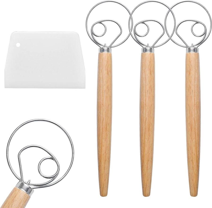 Deense Deegklopper Brood Mixer Brood Bakken Ergonomisch Houten Handvat 3 Stuks Zilver