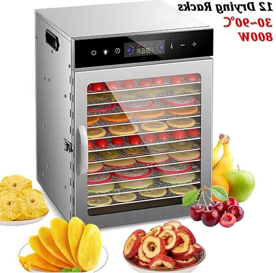 Premium Voedsel dehydrator Timer Groot formaat 12 rekken 800W Dehydrators voor voedsel en snacks met 24-uurs timer en licht 12 droogrekken 800W 30-90 ℃ Plantaardige Fruit Dehydrator EU-stekker 6