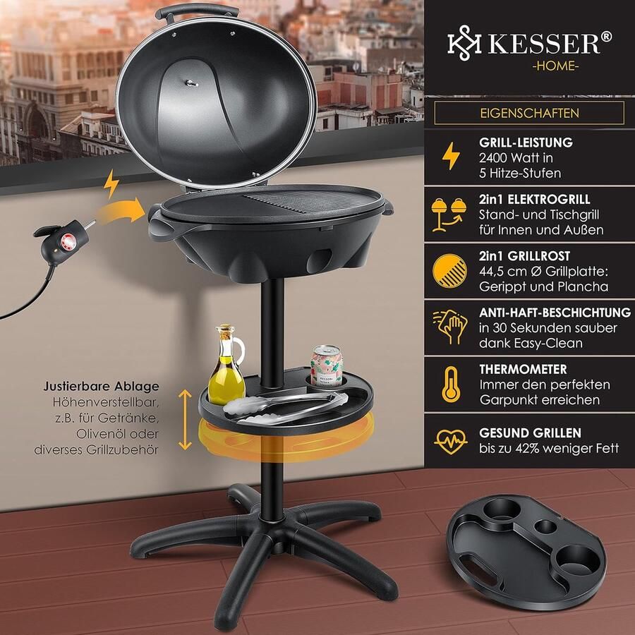House&Garde Deluxe 2-in-1 Elektrische BBQ Grill 2400W met Onderstel Deksel & Thermometer – XXL Tafelbarbecue en Staande Elektrische Barbecue met Antiaanbak Grillplaat 121 x 49 x 37 cm