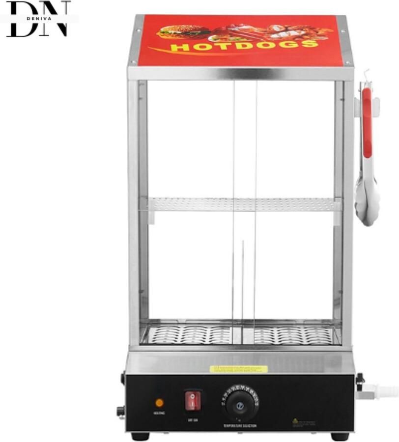 Deniva Hotdogstomer – Broodjeswarmer – Elektrisch – Roestvrij staal – 2 lagen – Temperatuurregeling – 27L – Horeca – Catering