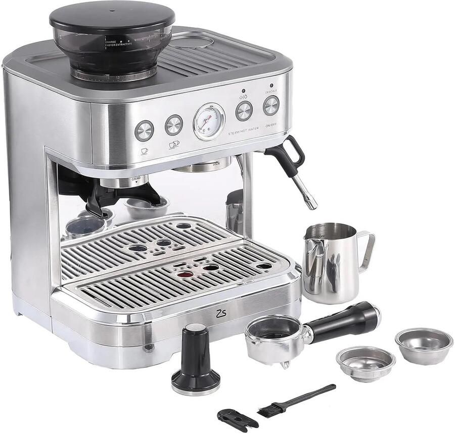 Deniva Koffiemachine met Bonen Espressomachine Koffiemolen 15 Bar Melkopschuimer Halfautomatisch Alles in één