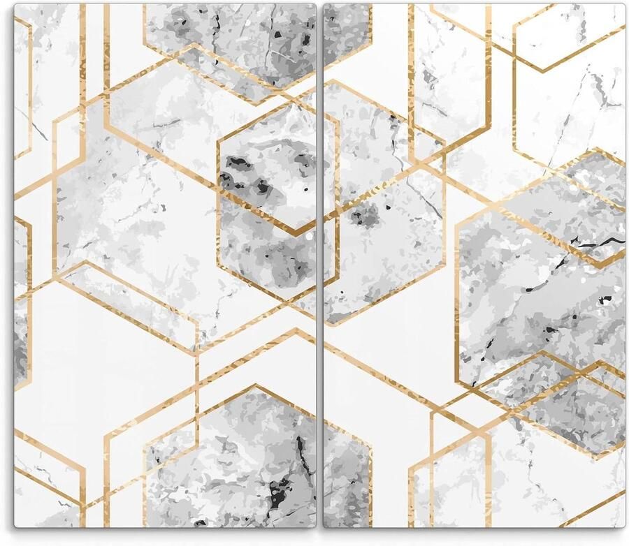 DEQORI Fornuisafdekplaten van glas set van 2 stuks 60 x 52 cm motief goud ingelijste zeshoeken afdekplaten voor keramische kookplaat in de keuken universele afdekplaten voor fornuis glasplaten