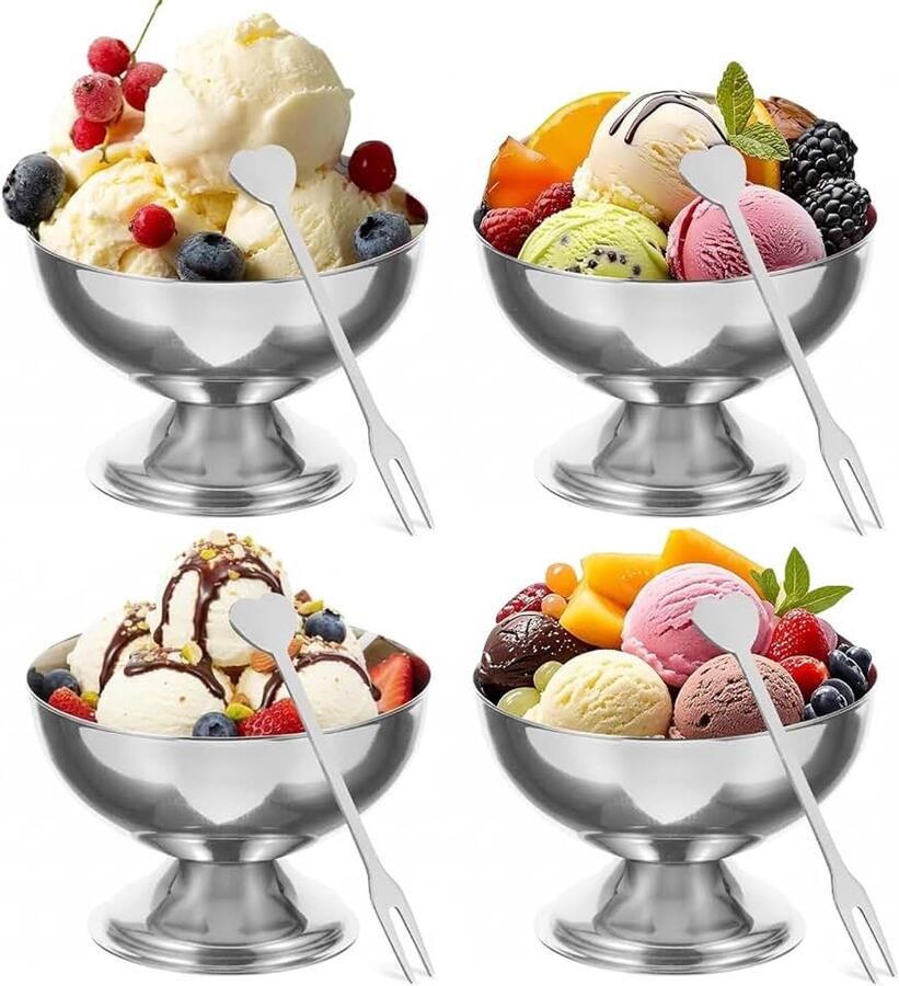 Dessertkom 4 stuks brede ijsbeker van voedselveilig roestvrij staal met vorken voor feestjes