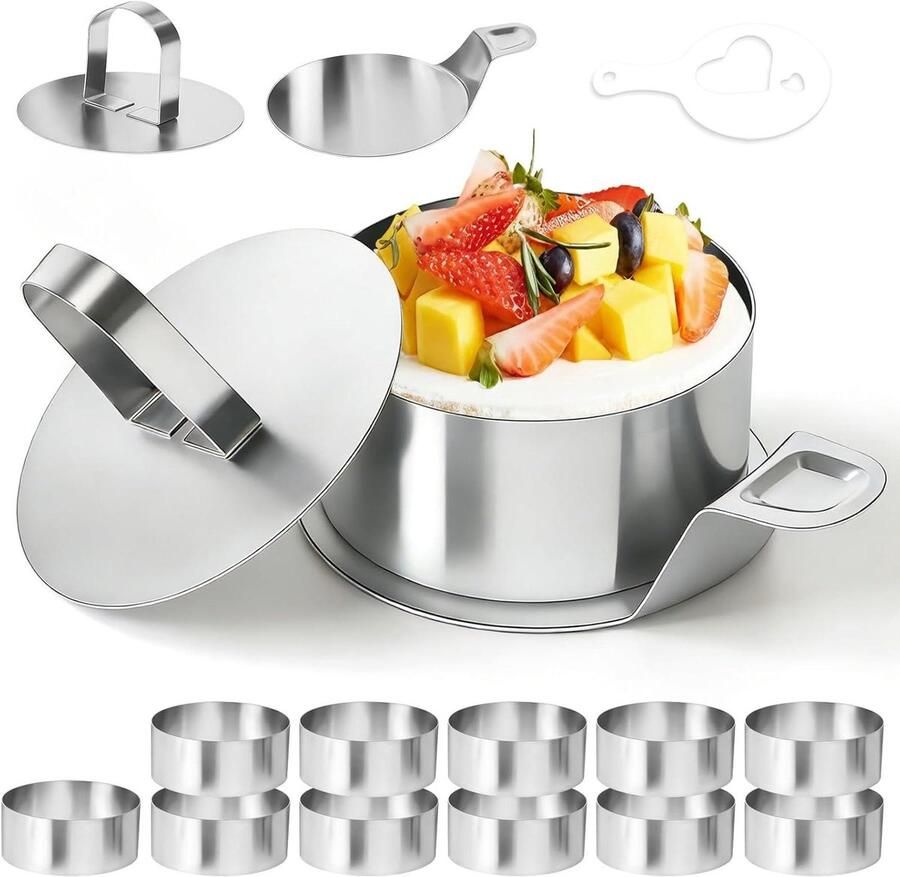 Dessertringen Set Mousse Ringen Bakken & Presenteren 12 Delig Inclusief Stencils 8 cm Diameter Zilver