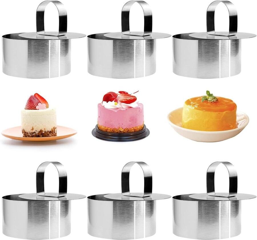 Dessertringen Set Taartringen Mousse Presentatie Bakwerk Met Perslifter 6 Stuks Ø 8cm Zilverkleurig