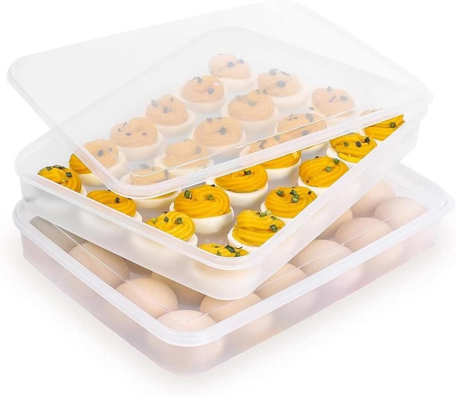 Deviled Eierbakjes met deksel (set van 2) stapelbare eiendrager voor 48 eieren transparante eierhouder voor koelkast met deksel draagbaar plastic ei-dienblad voor feest paaseieren