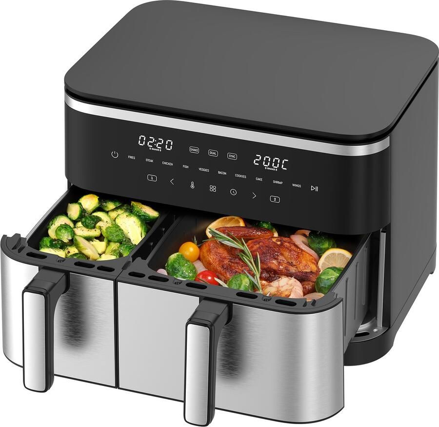 Dewelling DUAF-LR1-002 XXL Dubbele Kammer Airfryer (4L + 7L) 2600W Dual Zone Airfryer Sync Finish & Dual Cook