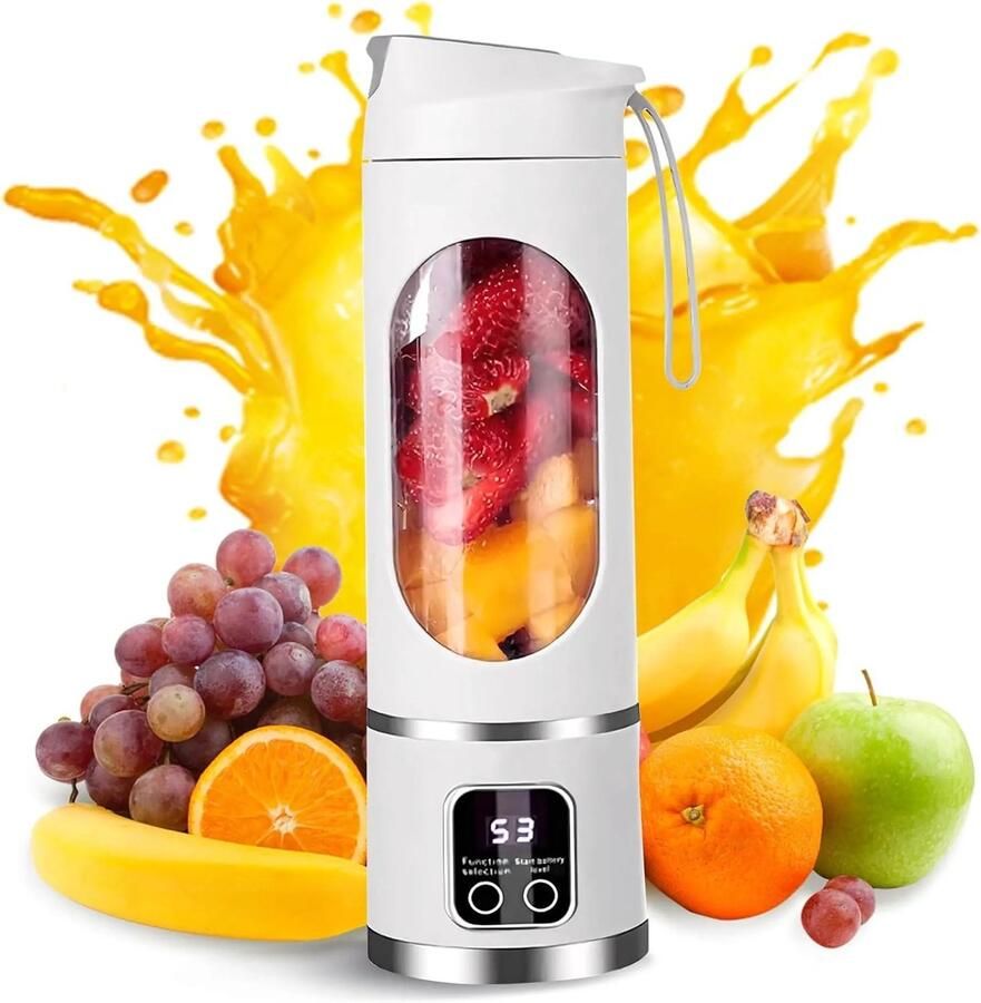 Deze draagbare blender heeft 12 messen een inhoud van 450 ml is lichtgewicht en draagbaar (500 g) heeft 3 snelheidsstanden werkt met 12.000 toeren per minuut en wordt geleverd met een oplaadbare USB-C-batterij en een sapbeker