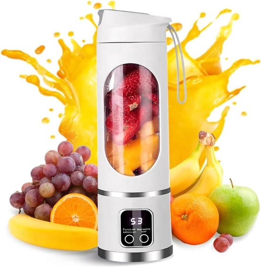 Deze draagbare blender heeft 12 messen een inhoud van 450 ml is lichtgewicht en draagbaar (500 g) heeft 3 snelheidsstanden werkt met 12.000 toeren per minuut en wordt geleverd met een oplaadbare USB-C-batterij en een sapbeker