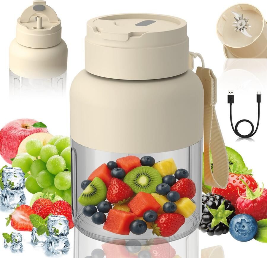 Deze draagbare miniblender is een compacte blender voor persoonlijk gebruik waarmee je smoothies en milkshakes kunt maken