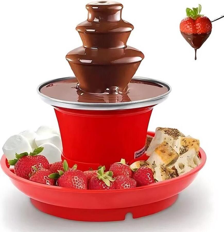 Deze elektrische chocoladefontein met drie niveaus wordt geleverd met een lekbak van voedselveilig roestvrij staal met een antiaanbaklaag. Hij is ideaal voor het smelten van chocolade en snoep