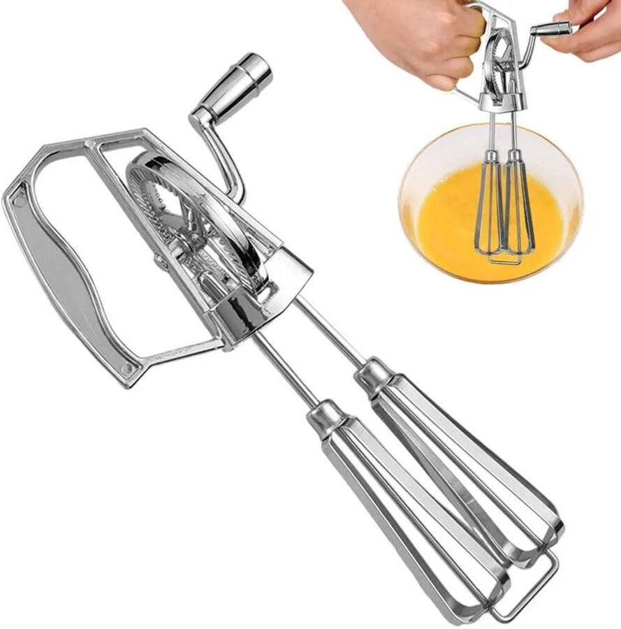Deze handmixer heeft een roestvrijstalen slinger en twee mengkoppen. Hij werkt zonder elektriciteit en is Geschikt voor het kneden van deeg het kloppen van slagroom het opkloppen van eiwitten enz. Ideaal Geschikt voor kamperen