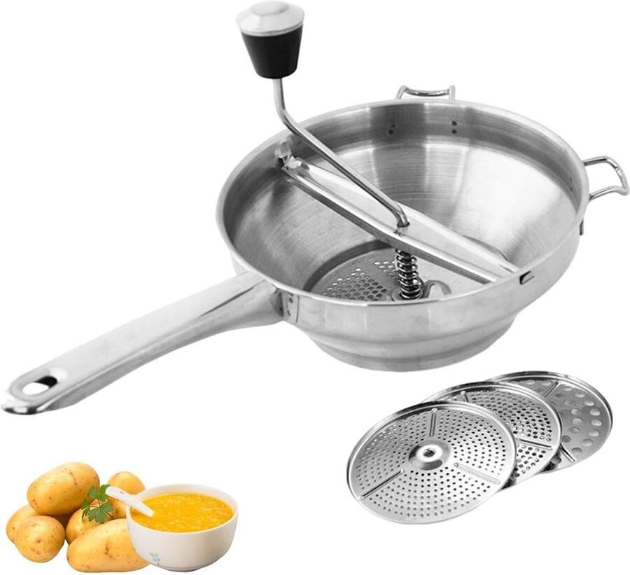 Deze roestvrijstalen keukenmachine wordt geleverd met drie maalschijven een handmatige maalschijf en een opzetstuk voor het maken van puree