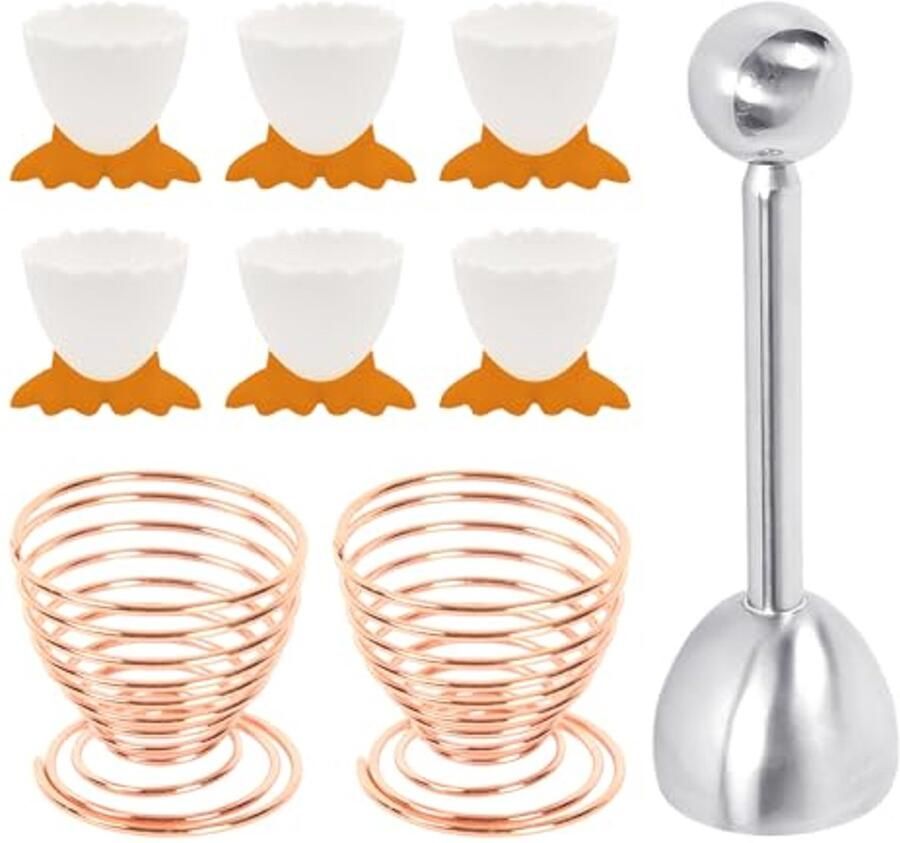 DHSBGWSX 6 eierdopjes 2 eierplanken 1 eieropener cartoon-eierdopjes voor kinderen eierhouders van roestvrij staal eierdopjes nieuwe eierdopjes