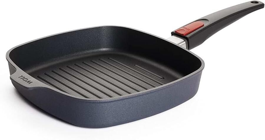 Diamond Lite Grillpan vierkant met groeven inductief 24 x 24 cm 4 cm hoog met afneembare steel geschikt voor alle warmtebronnen gegoten aluminium ovenbestendig antraciet