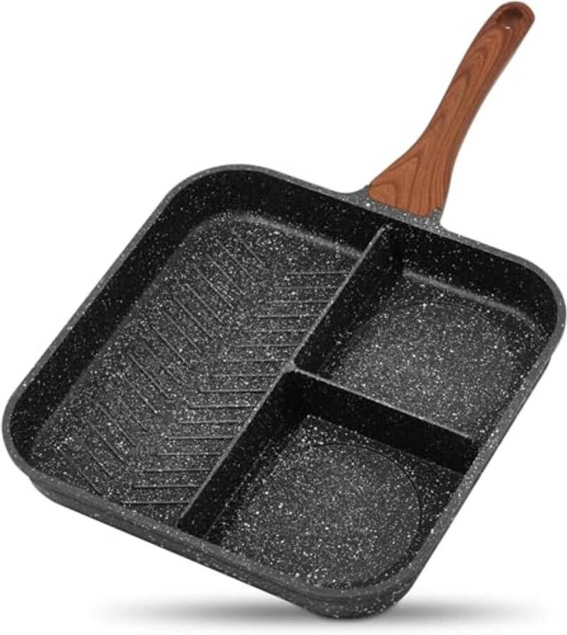 Diepe Antiaanbak Koekenpan met Verdeeld Compartiment 35.5cm 3-delig Granieten Coating Geschikt voor Gas Electric en Inductie