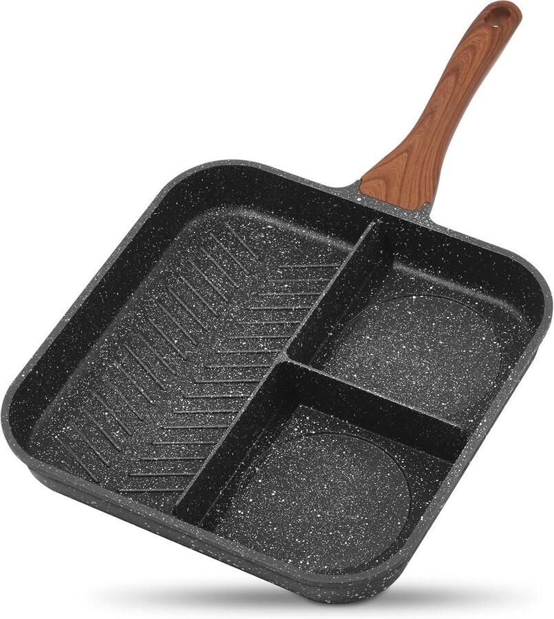 Diepe Antiaanbak Koekenpan met Verdeeld Compartiment 35.5cm 3-delig Granieten Coating Geschikt voor Gas Electric en Inductie