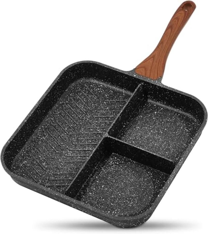 Diepe Antiaanbak Koekenpan met Verdeeld Compartiment 35.5cm 3-delig Granieten Coating Geschikt voor Gas Electric en Inductie