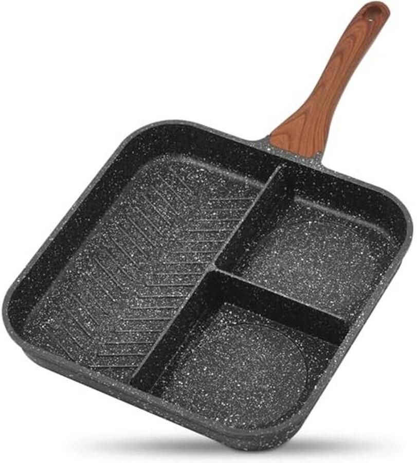 Diepe Antiaanbak Koekenpan met Verdeeld Compartiment 35.5cm 3-delig Granieten Coating Geschikt voor Gas Electric en Inductie