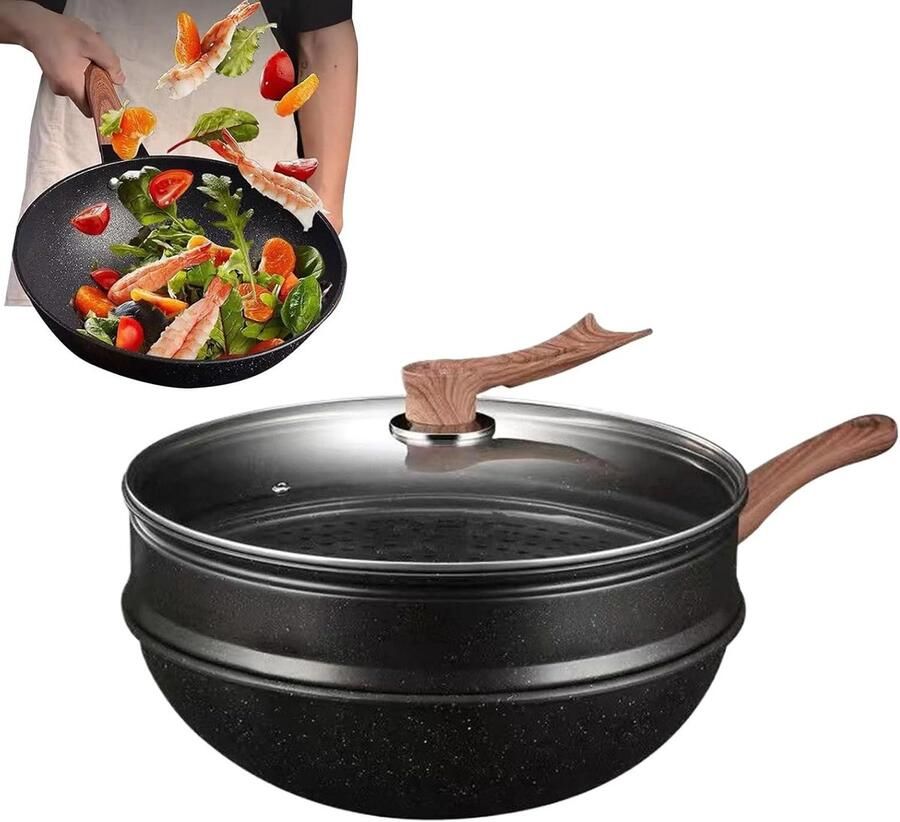 Diepe Antiaanbak Wok Roerbakpan Met Deksel Veelzijdig Koken Snel Schoon Te Maken 32 Cm Diameter